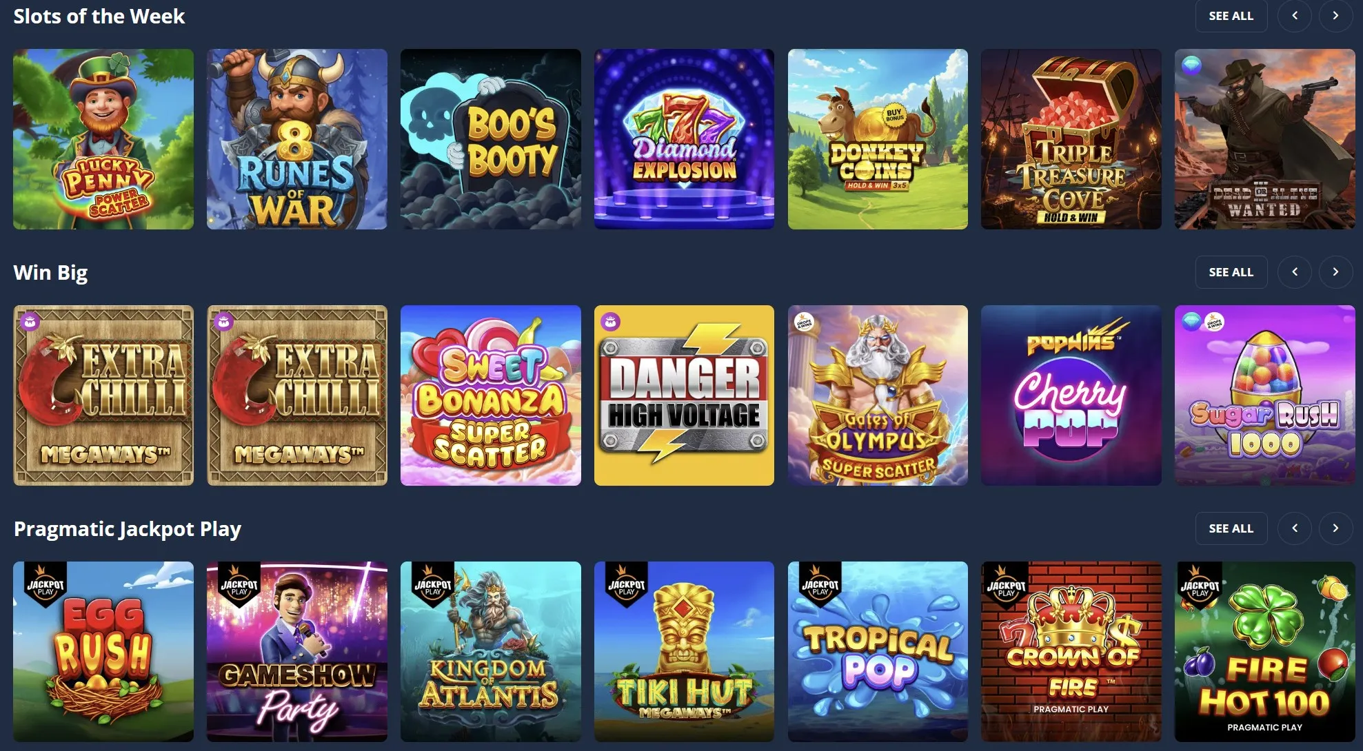 Platincasino game categories