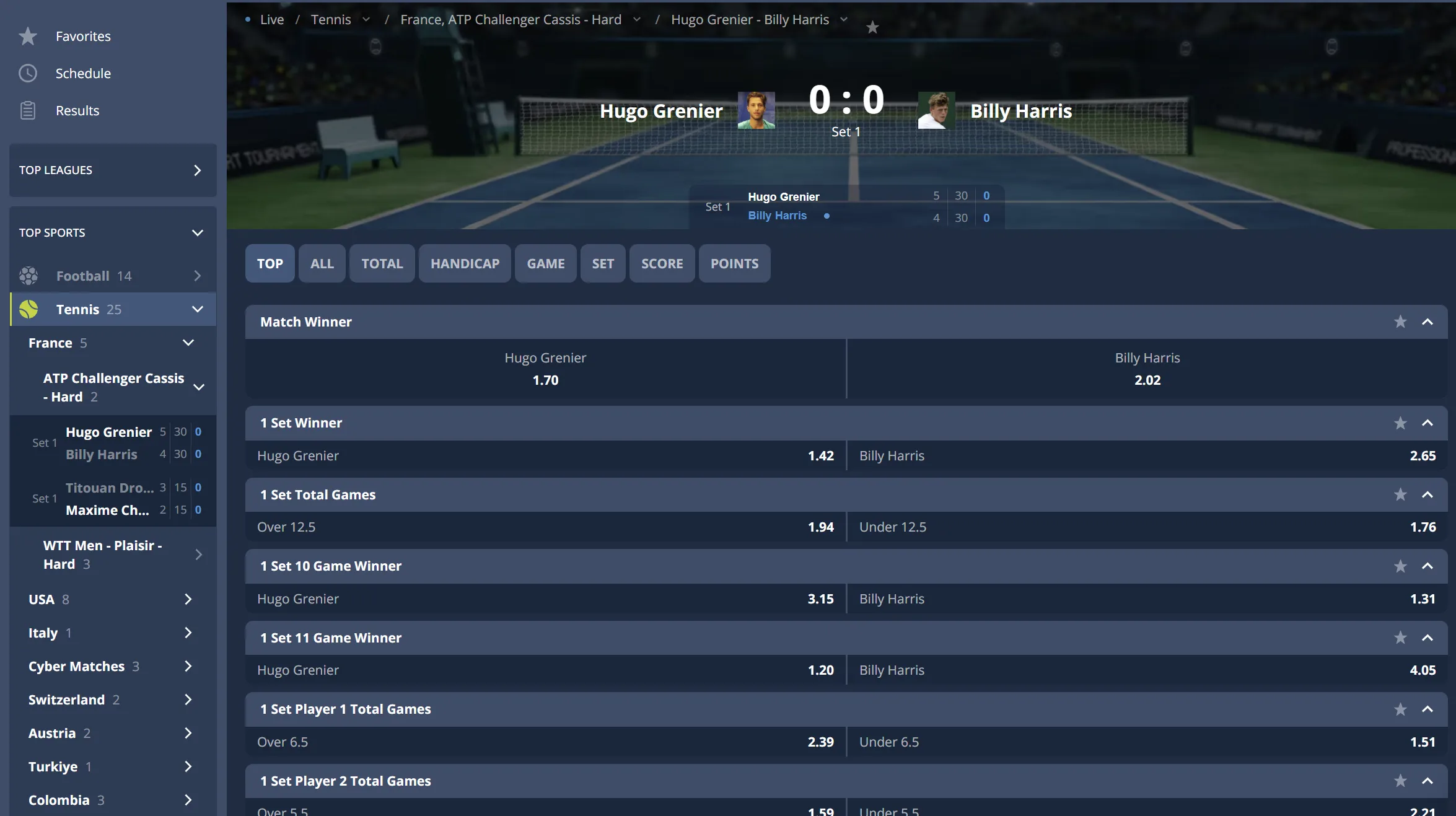 Interfaccia delle scommesse live Platin Bet