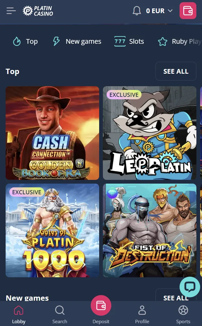 Platincasino mobile interface and game categories