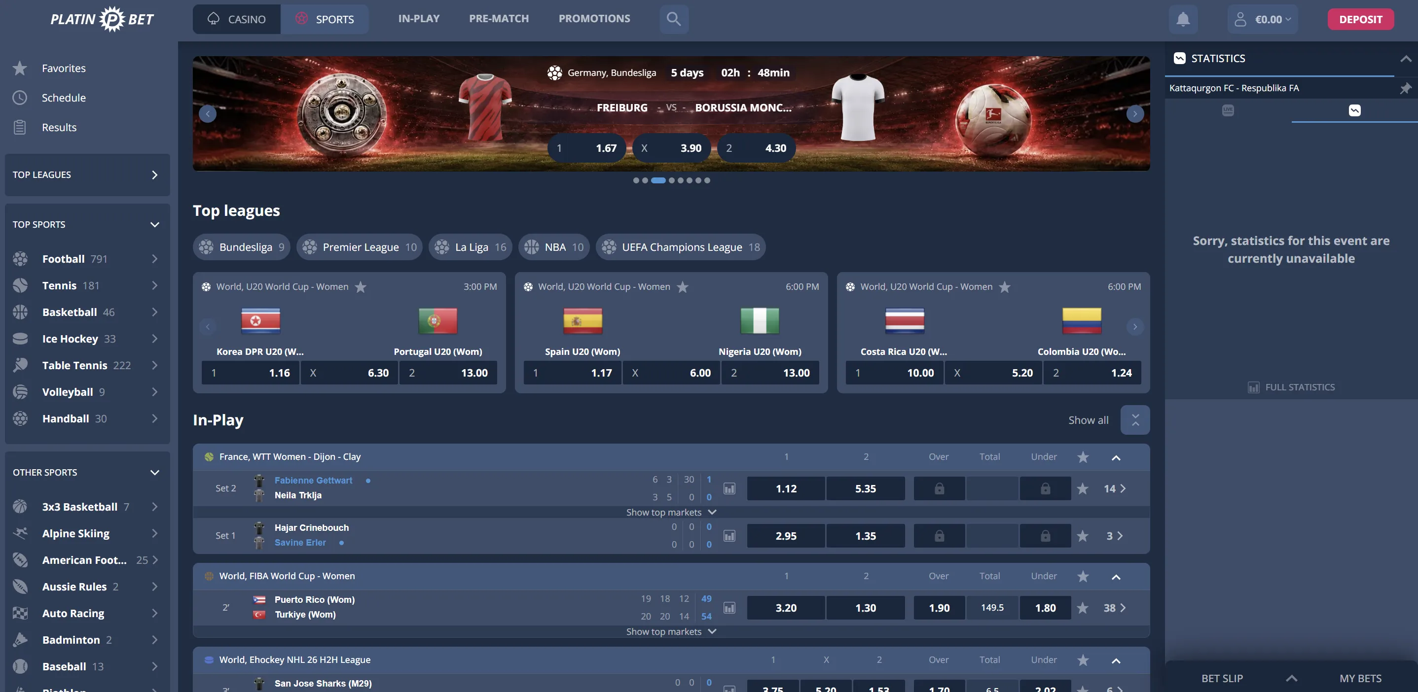 Platincasino dark navy interface