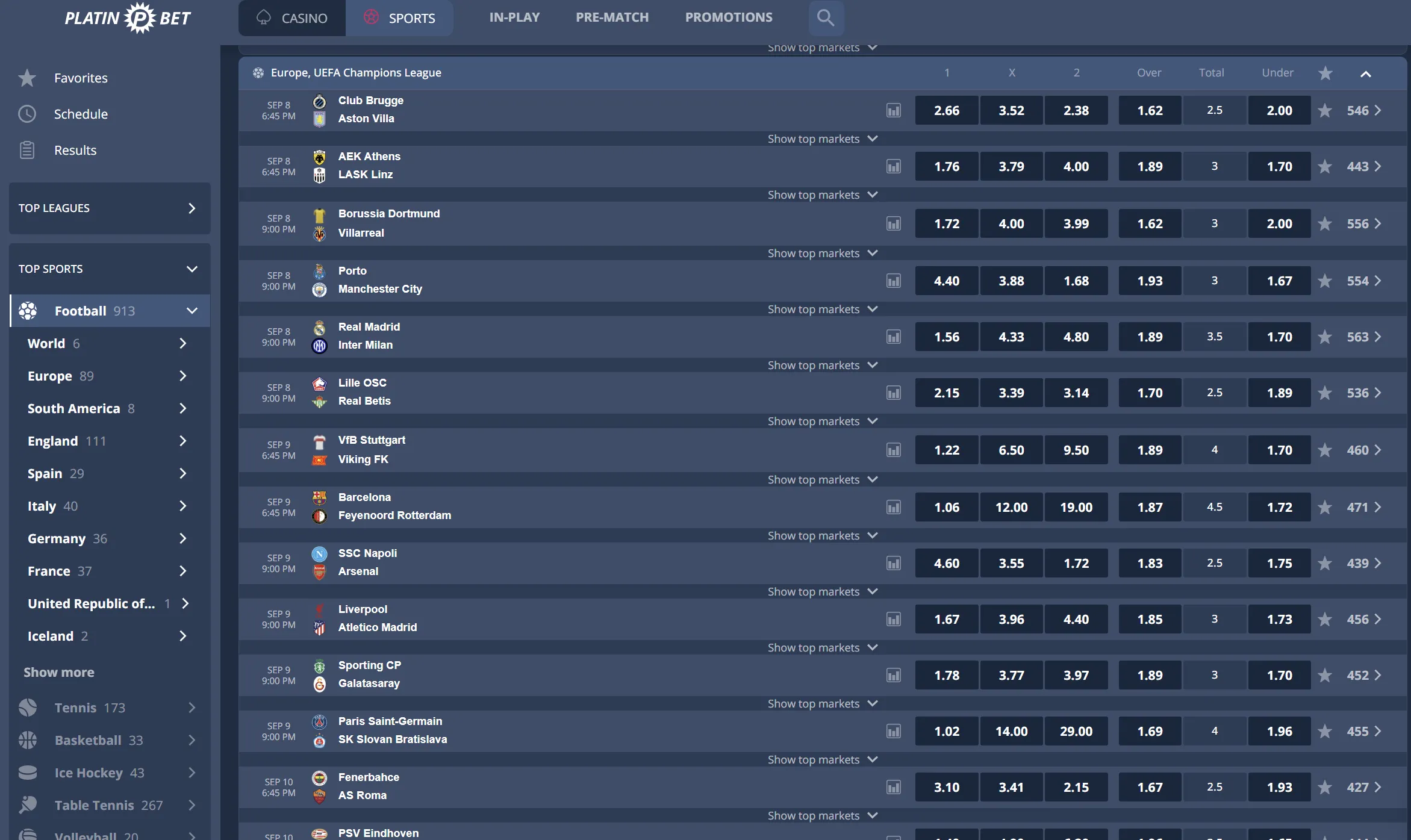 Menu degli sport disponibili su Platin Bet